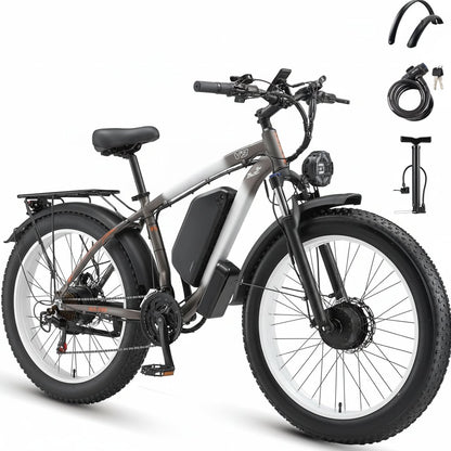 AWD Electric Bike for Adults, Peak 4000W Power 26” Fat Tire Ebike, Dual Motor Electric Bicycles, 48V 22.4AH Removable Battery Fast Dual Hydraulic Brakes 21-Speed All Terrain E-Bikes